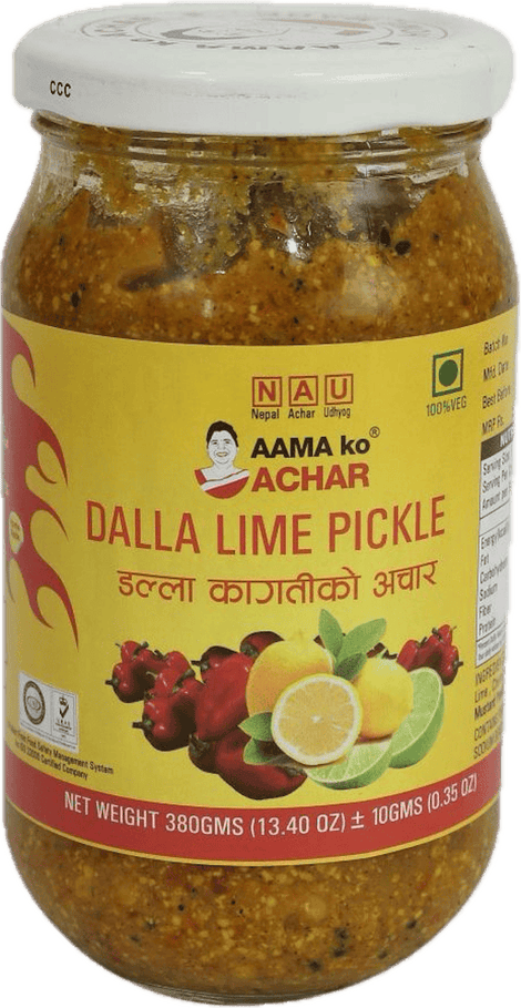 A glass bottle of Dalla Lime Pickle from Aama ko Achar of 380g