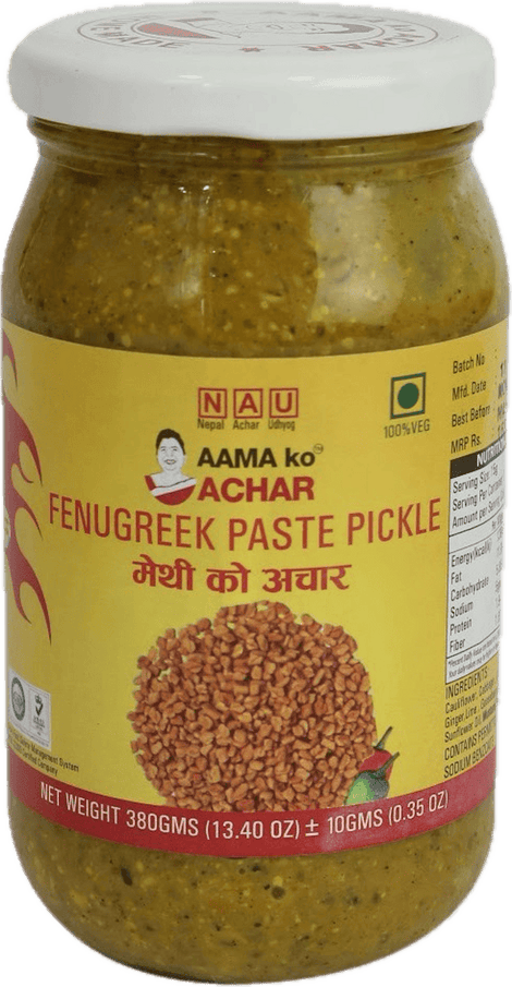 A glass bottle of Fenugreek Paste Pickle from Aama ko Achar of 380g