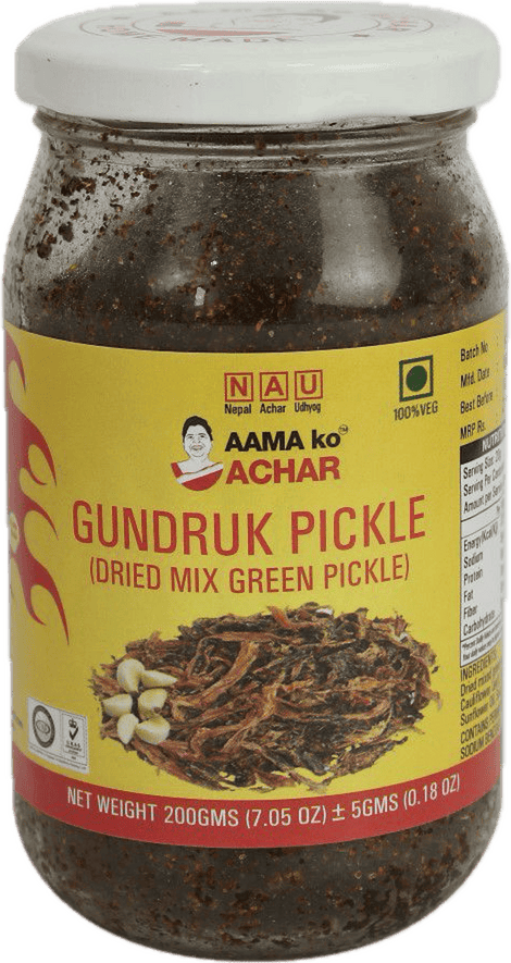 A glass bottle of Gundruk Pickle (Dried Mix Green Pickle) from Aama ko Achar of 200g