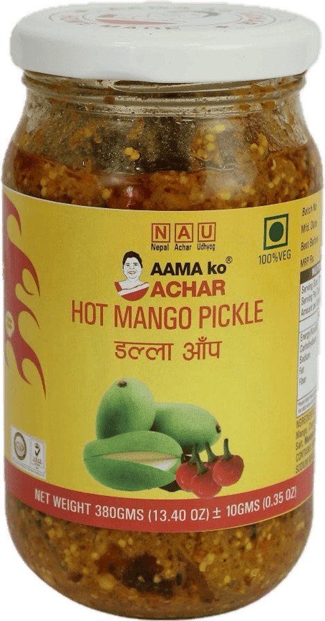 A glass bottle of Hot Mango Pickle from Aama ko Achar of 380g