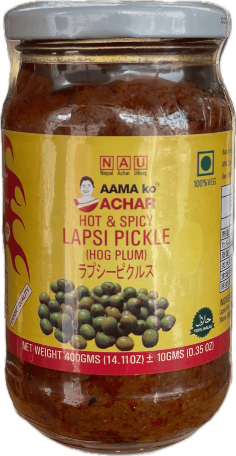 A glass bottle of Hot and Spicy Lapsi (Hog Plum) Pickle from Aama ko Achar of 400g