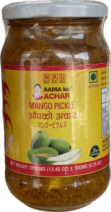 A glass bottle of Mango Pickle from Aama ko Achar of 380g