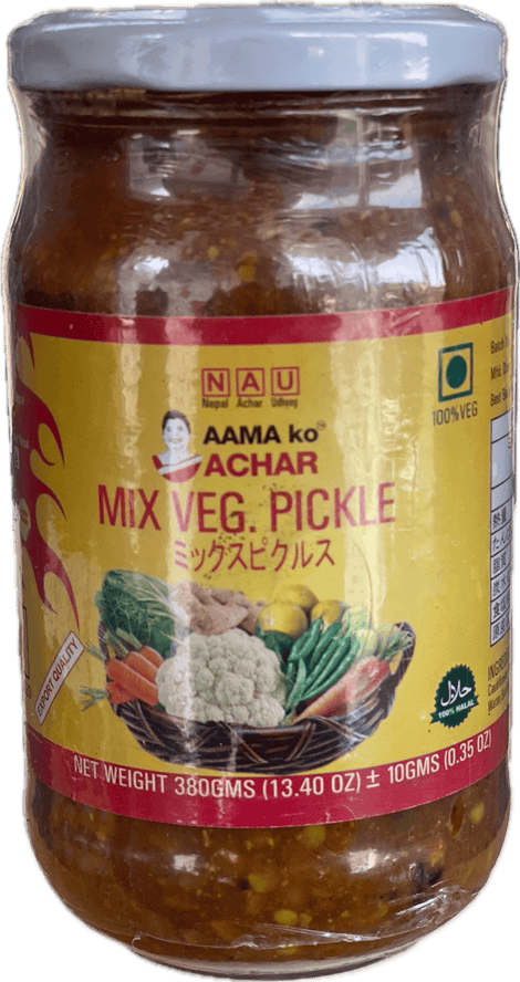 A glass bottle of Mix Veg Pickle from Aama ko Achar of 380g