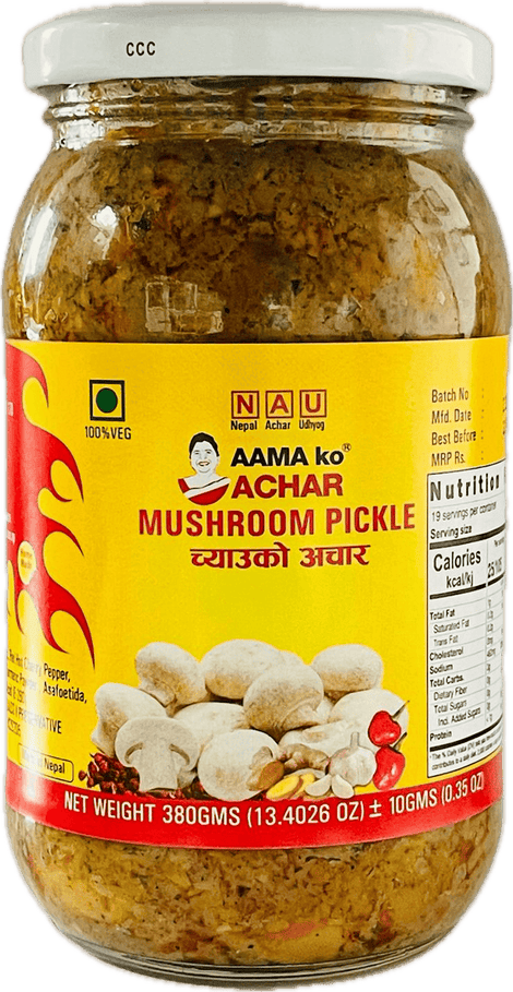 A glass bottle of Mushroom Pickle from Aama ko Achar of 380g