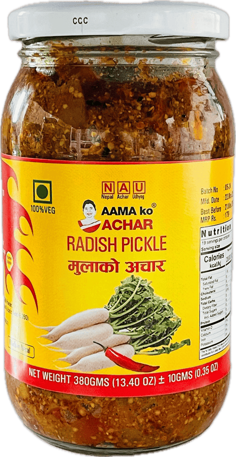 A glass bottle of Radish Pickle from Aama ko Achar of 380g