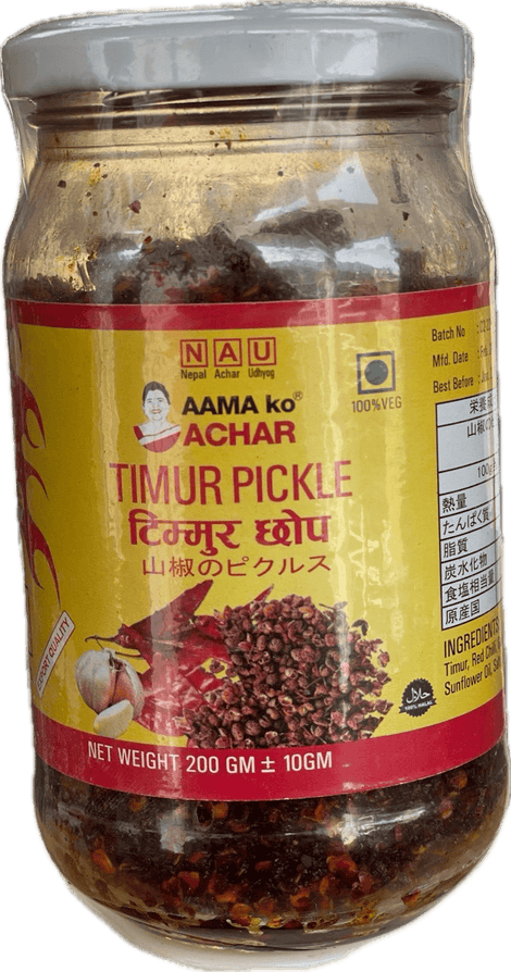 A glass bottle of Timur (Schezwan Peppers) Pickle from Aama ko Achar of 200g