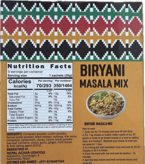 A packet of Biryani Masala Mix from Aama ko Masala of 100g with nutrition facts