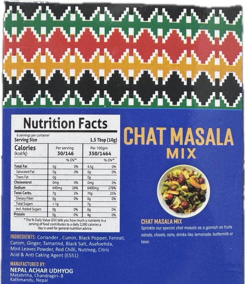 A packet of Chat Masala Mix from Aama ko Masala of 60g with nutrition facts