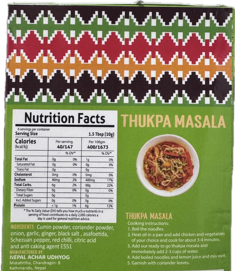 A packet of Thukpa Masala from Aama ko Masala of 60g with nutrition facts
