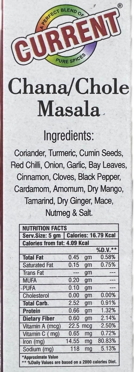 A packet of Chana/Chole Masala from Current of 50g with nutrition facts