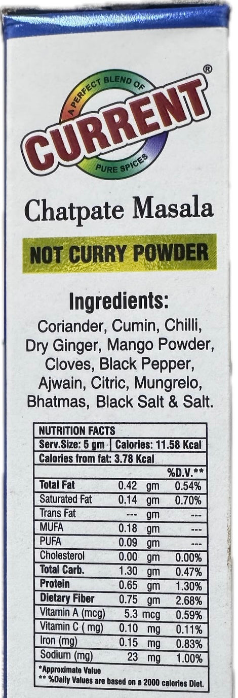 A packet of Chatpate Masala from Current of 50g with nutrition facts