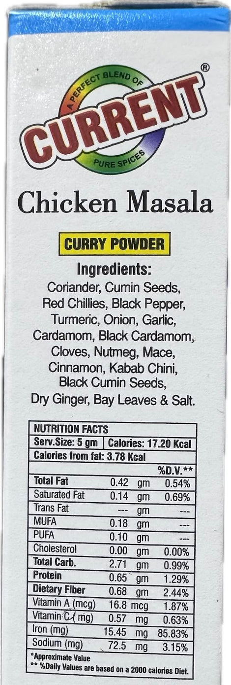 A packet of Chicken Masala from Current of 50g with nutrition facts