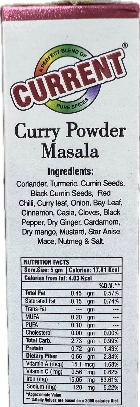 A packet of Curry Powder Masala from Current of 50g with nutrition facts