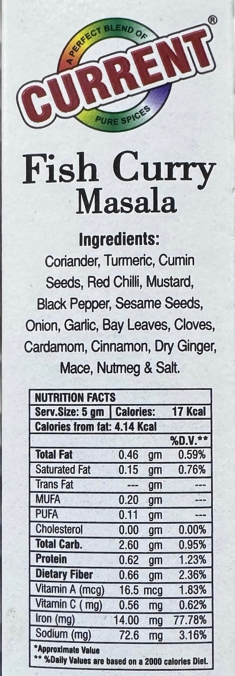 A packet of Fish Curry Masala from Current of 50g with nutrition facts