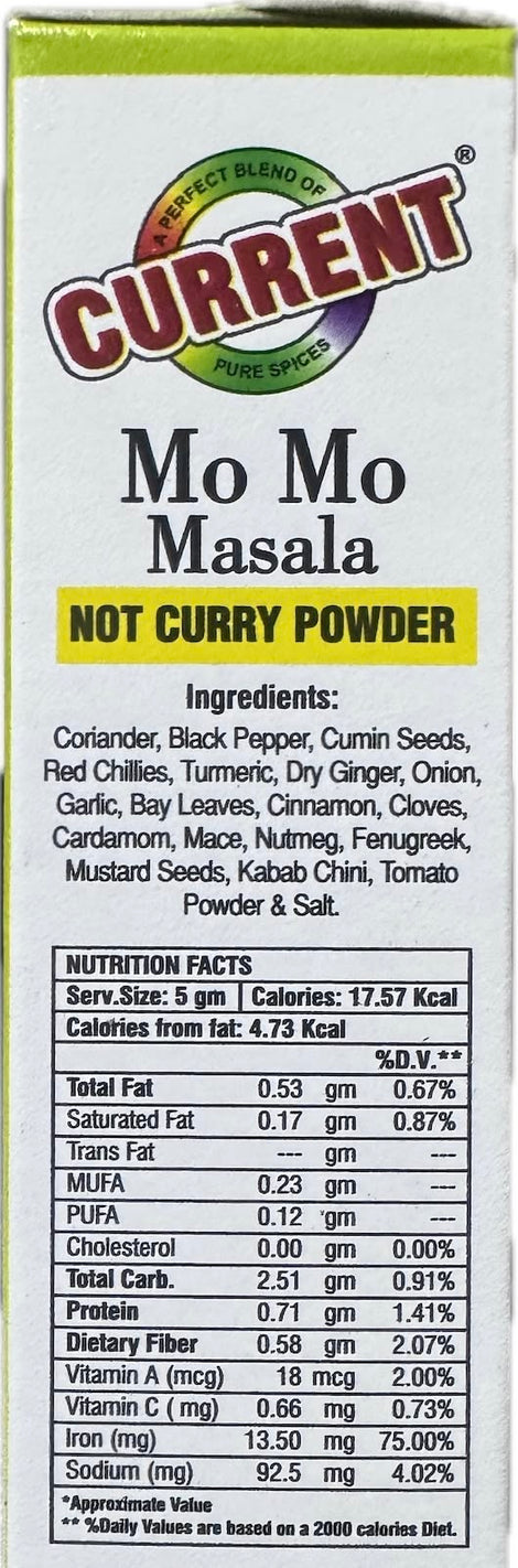A packet of Momo Masala from Current of 50g with nutrition facts
