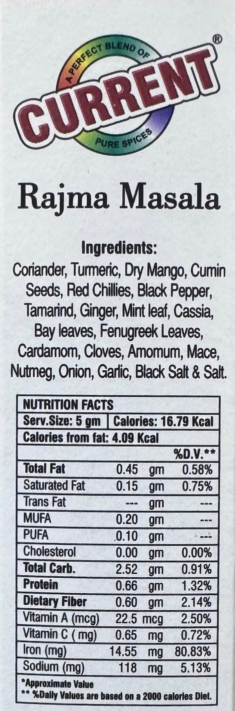 A packet of Rajma Masala from Current of 50g with nutrition facts
