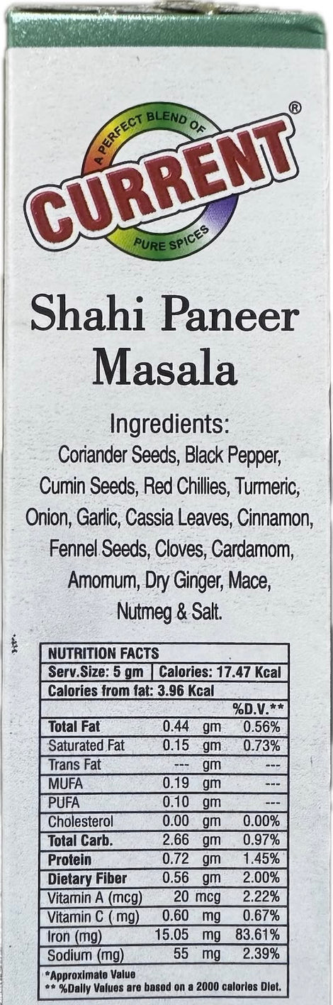 A packet of Shahi Paneer Masala from Current of 50g with nutrition facts