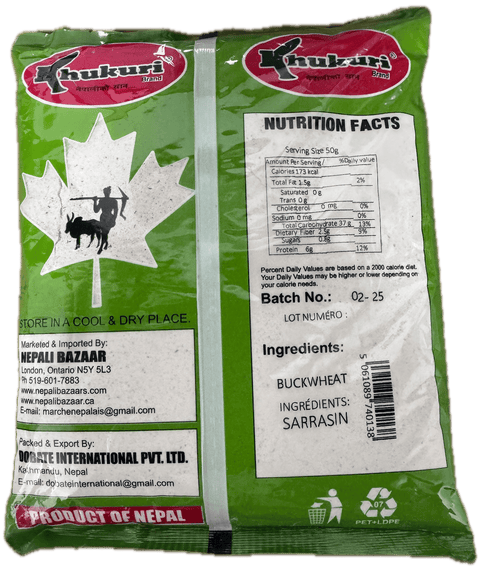 A packet of Buckwheat Flour of 2 lbs showing nutrition facts