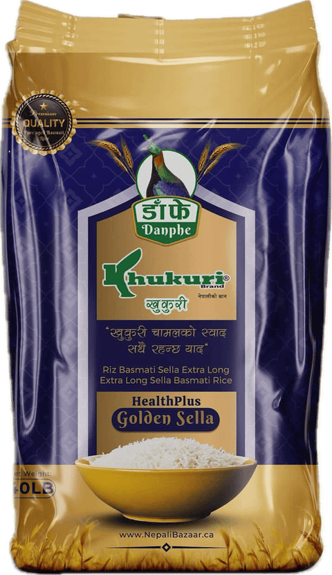 A plastic sack of Golden Sella Basmati Rice from Danphe of 40 lbs