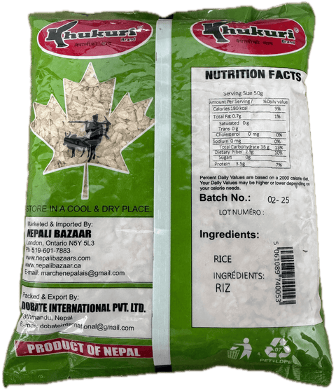 A packet of Red Beaten Rice of 750g showing nutrition facts