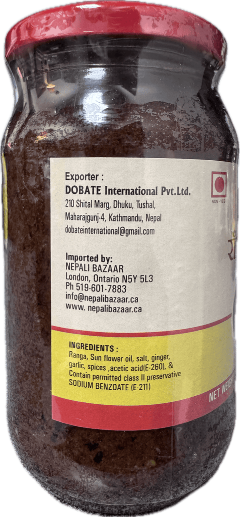A glass bottle of Raga Achar (Water Buffalo Pickle) from Kalo Kalki of 380g with ingredients