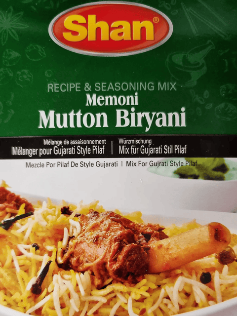 A packet of Memoni Mutton Biryani Masala from Shan of 60g