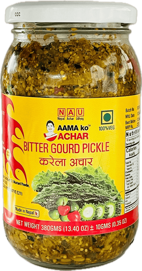 A glass bottle of Bitter Gourd Pickle from Aama ko Achar of 380g