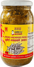 A glass bottle of Brunei Anchovies Pickle from Aama ko Achar of 350g