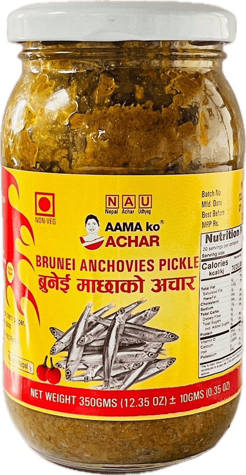 A glass bottle of Brunei Anchovies Pickle from Aama ko Achar of 350g