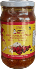 A glass bottle of Dalla and Garlic Paste Pickle from Aama ko Achar of 380g