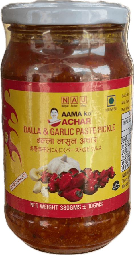 A glass bottle of Dalla and Garlic Paste Pickle from Aama ko Achar of 380g