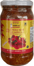A glass bottle of Dalla Pickle in Oil from Aama ko Achar of 380g