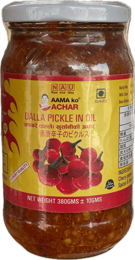 A glass bottle of Dalla Pickle in Oil from Aama ko Achar of 380g