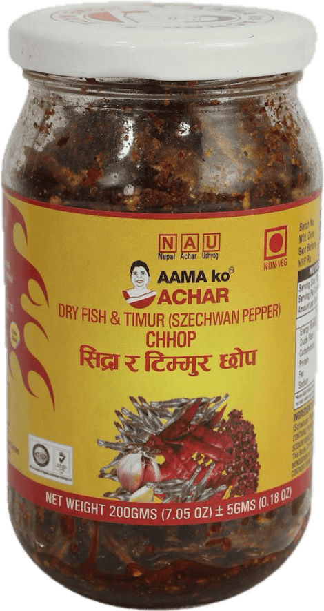 A glass bottle of Dry Fish and Timur (Szechwan) Pepper Chhop from Aama ko Achar of 200g