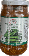 A glass bottle of Green Chilly Pickle from Aama ko Achar of 380g