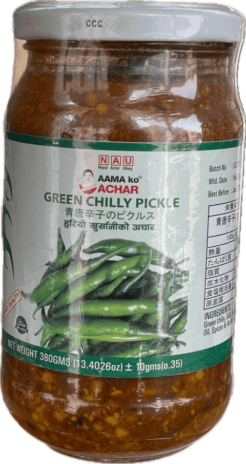 A glass bottle of Green Chilly Pickle from Aama ko Achar of 380g