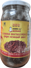 A bottle of Gundruk Bhatmas Pickle from Aama ko Achar of 200g