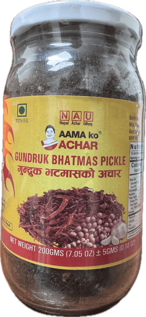 A bottle of Gundruk Bhatmas Pickle from Aama ko Achar of 200g