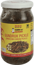 A glass bottle of Gundruk Pickle (Dried Mix Green Pickle) from Aama ko Achar of 200g