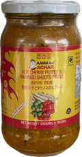 A glass bottle of Hot Cherry Pepper and Bamboo Shoots Pickle from Aama ko Achar of 380g