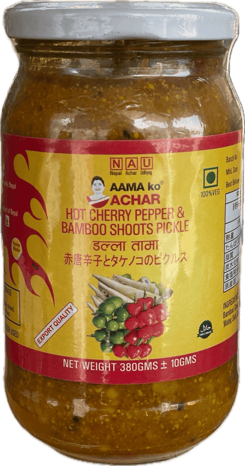 A glass bottle of Hot Cherry Pepper and Bamboo Shoots Pickle from Aama ko Achar of 380g