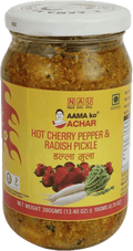A glass bottle of Hot Cherry Peppers and Radish Pickle from Aama ko Achar of 380g