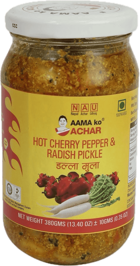A glass bottle of Hot Cherry Peppers and Radish Pickle from Aama ko Achar of 380g