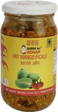 A glass bottle of Hot Mango Pickle from Aama ko Achar of 380g