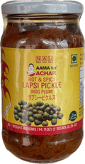 A glass bottle of Hot and Spicy Lapsi (Hog Plum) Pickle from Aama ko Achar of 400g