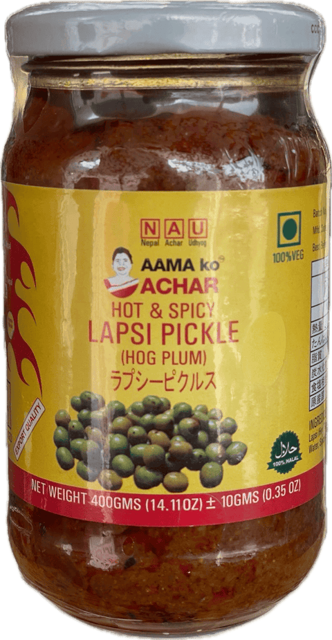 A glass bottle of Hot and Spicy Lapsi (Hog Plum) Pickle from Aama ko Achar of 400g