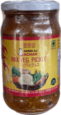 A glass bottle of Mix Veg Pickle from Aama ko Achar of 380g