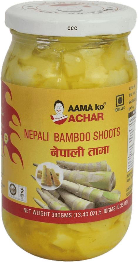 A glass bottle of Nepali Bamboo Shoots from Aama ko Achar of 380g