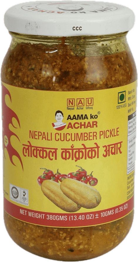 A glass bottle of Nepali Cucumber Pickle from Aama ko Achar of 380g