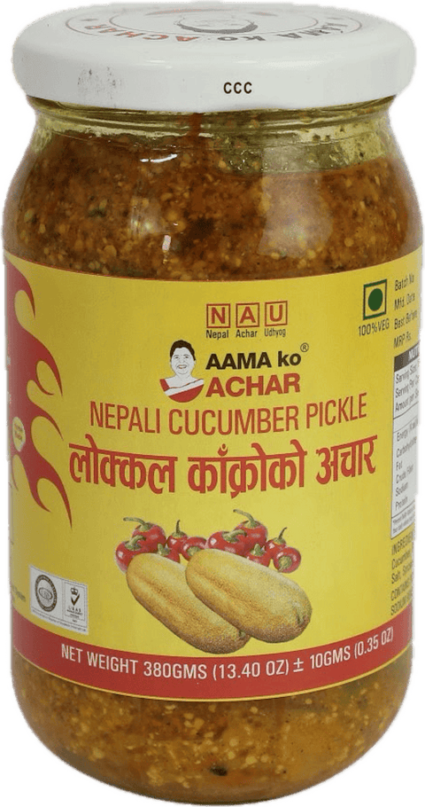 A glass bottle of Nepali Cucumber Pickle from Aama ko Achar of 380g